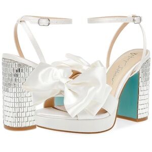 Betsey Johnson Maddy Elegant White Satin Bow Heels with Silver Accents